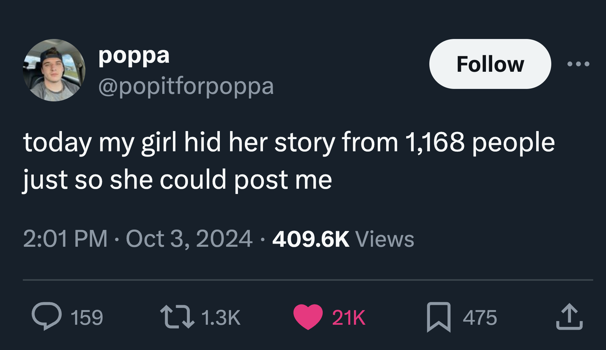 screenshot - poppa today my girl hid her story from 1,168 people just so she could post me Views Q 159 21K 475